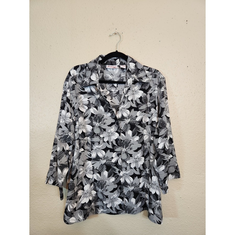 Joanna Plus Womens 2X Black White Floral Blouse Button Front 3/4 Sleeve Top
